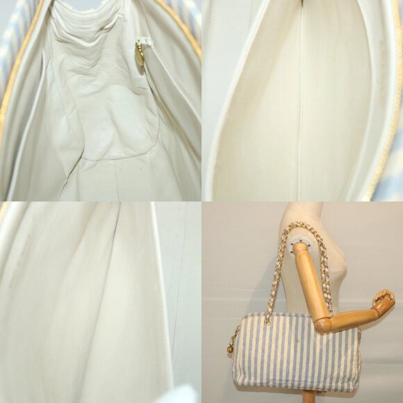 CHANEL Quilted Chain Big Matelasse Shoulder Bag Canvas Light Blue CC Auth 58349A - Picture 14 of 15